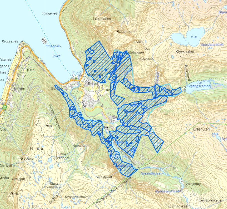 Kart for Kinsarvik med blå skravur på flater som viser Skogsmark NiN (Natur i Norge).