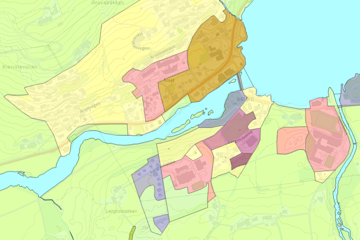 kart for vassenden med farga flater som viser 2x høyring av kommuneplanens arealdel for Sunndfjord kommune. Lenke til fylkesatlas der du kan sjå dette.