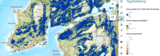 kart med ulike fargar på skog + url til nettstad