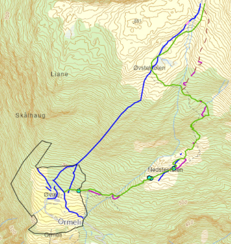 kart med farga linjer og punkt + url til nettstad