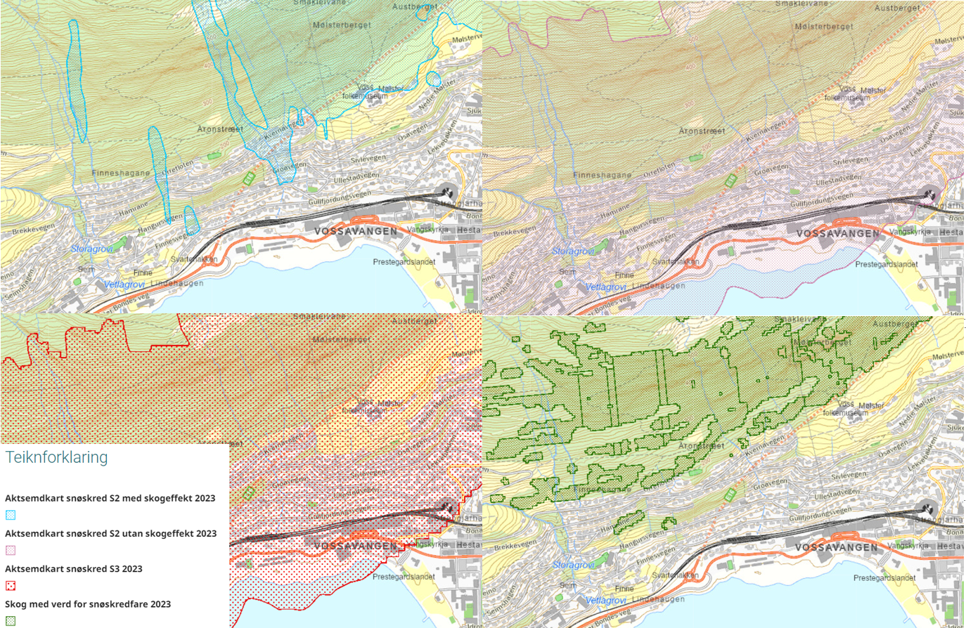 4 kart og teiknforklaring for aktsemdkart for snøskred 2023. Skraverte flater med ulike fargar på kart over Voss. Lenke til fylkesatlas der du kan sjå dette.