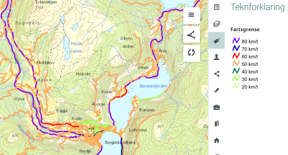 Kart med mellom anna lilla, oransje og grøne linjer langs vegane som viser fartsgrenser.